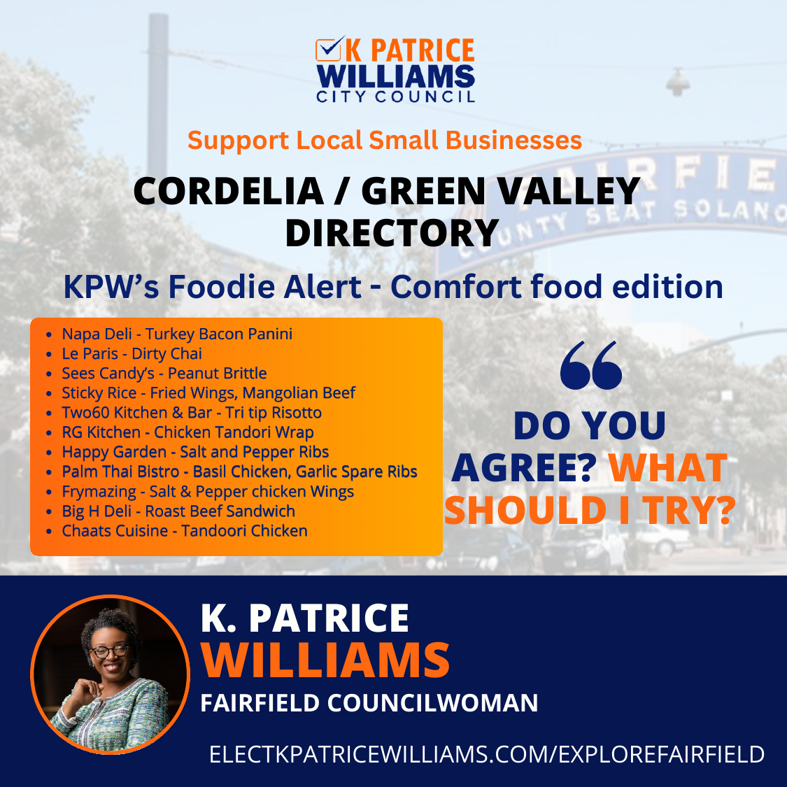 KPW's Foodie Alert, Comfort Food Edition: Cordelia and Green Valley small business directory with 11 comfort food picks from K. Patrice Williams